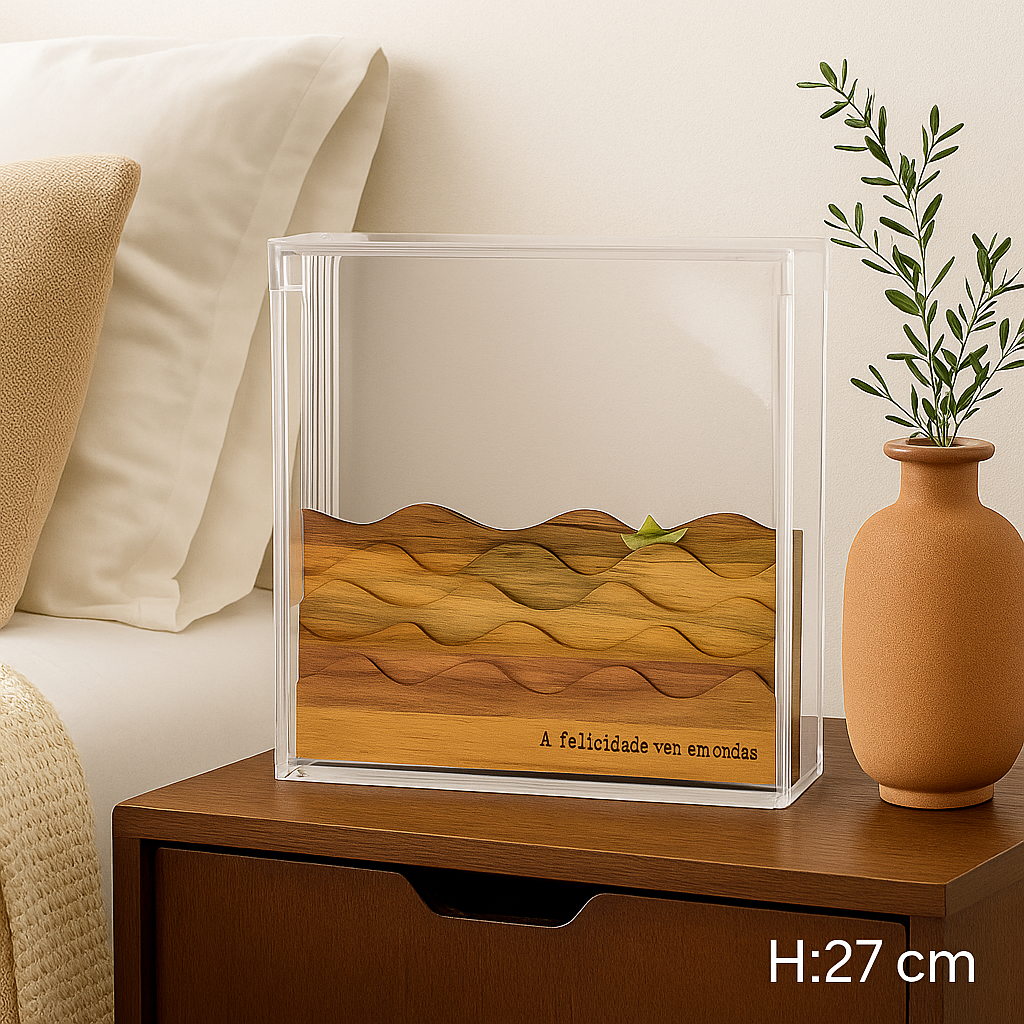 Quadro Box Acrílico Barco "A Felicidade Vem em Ondas"