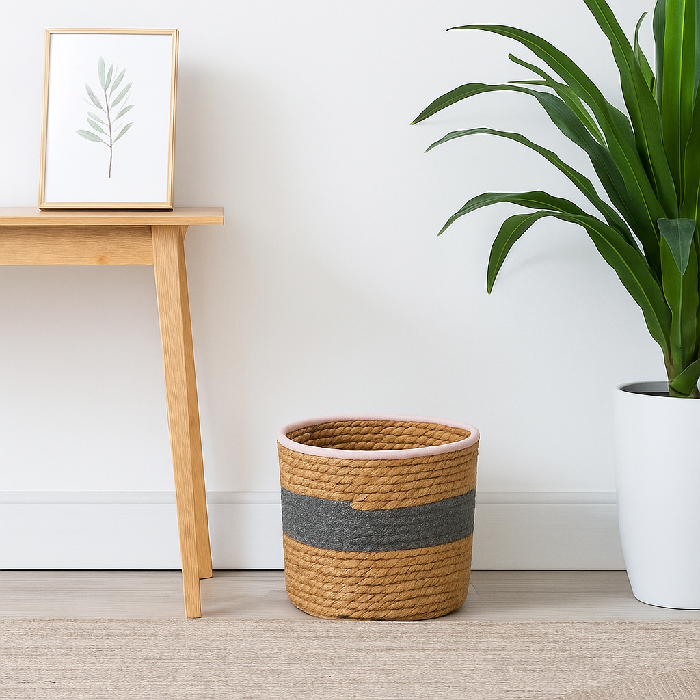 Cesto Fibra Natural com Detalhe Cinza P