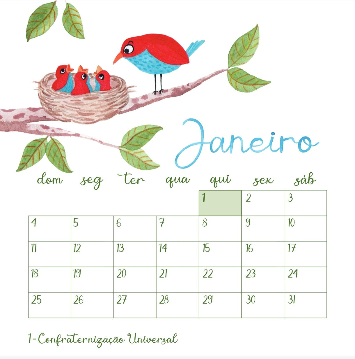 Calendário Pássaro Azul 2026