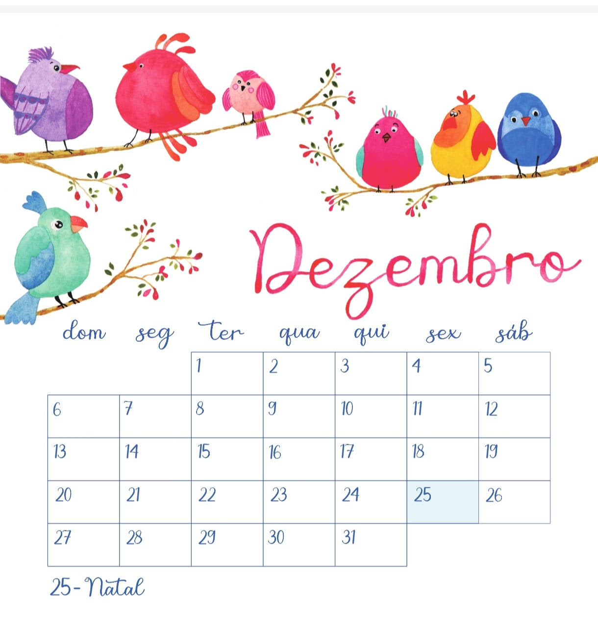 Calendário Pássaro Azul 2026