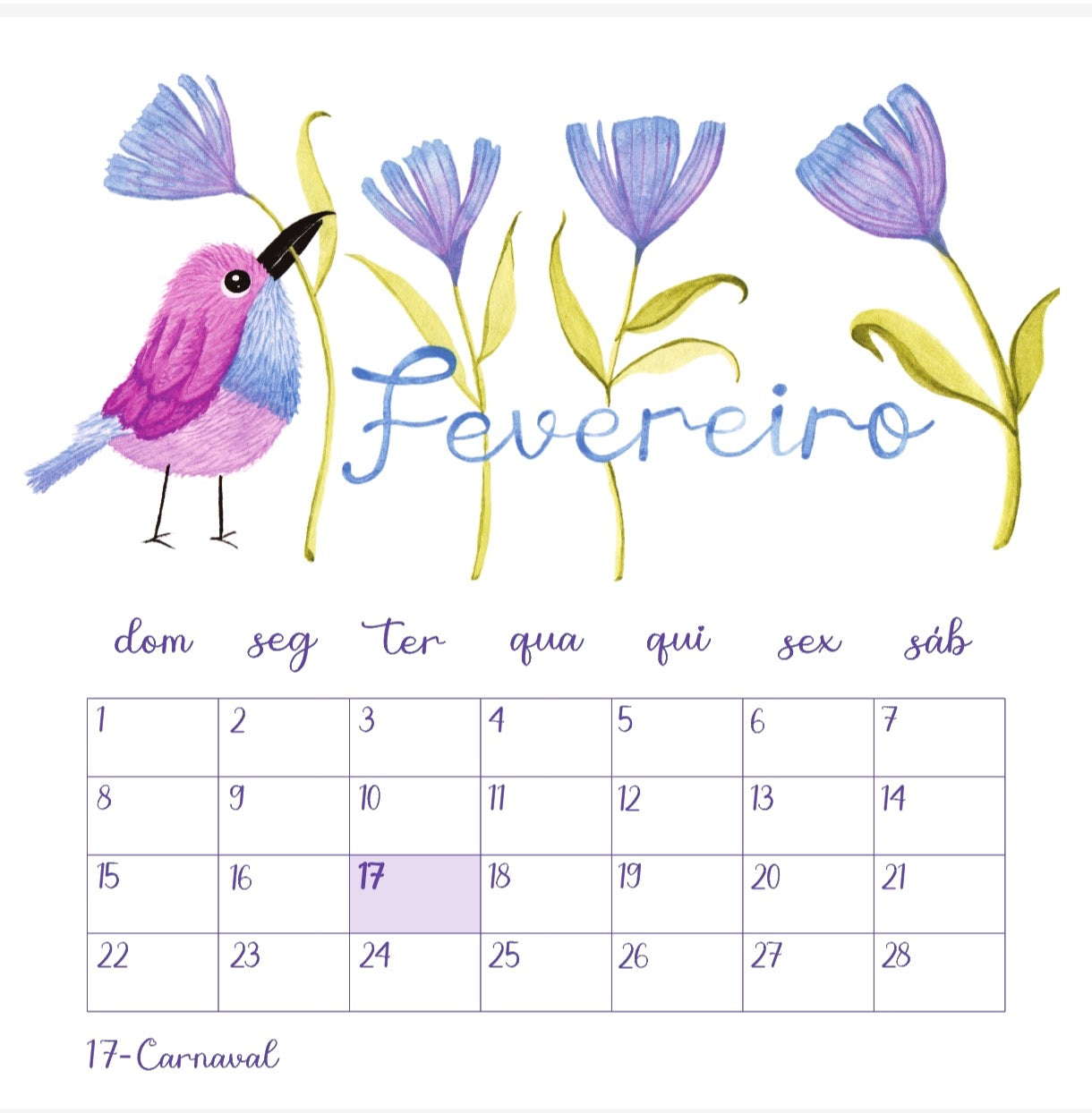 Calendário Pássaro Azul 2026