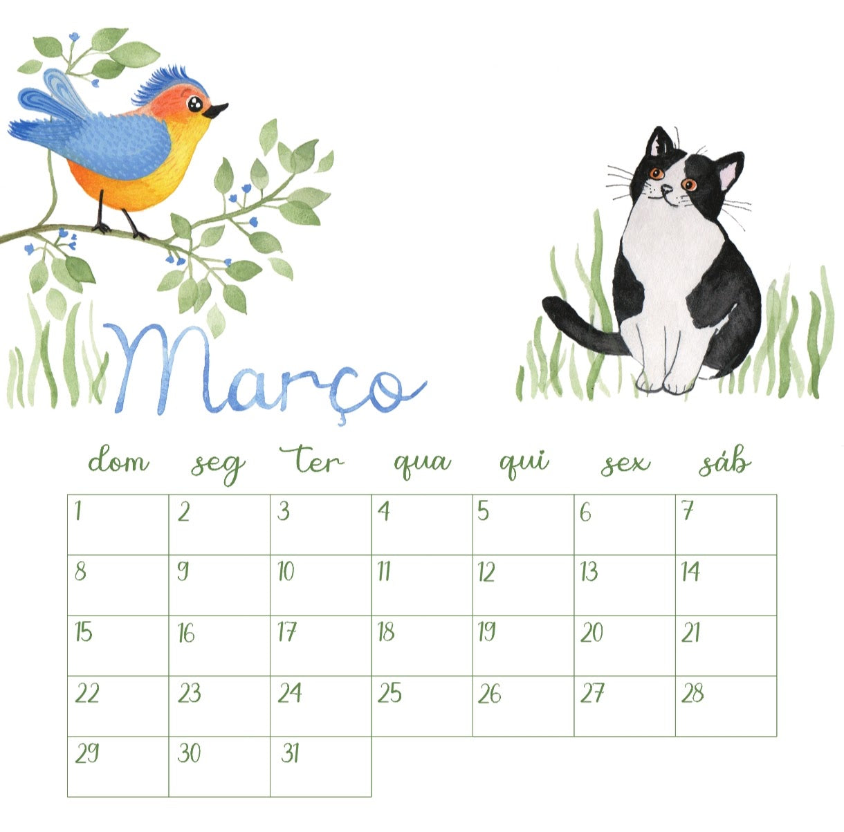 Calendário Pássaro Azul 2026