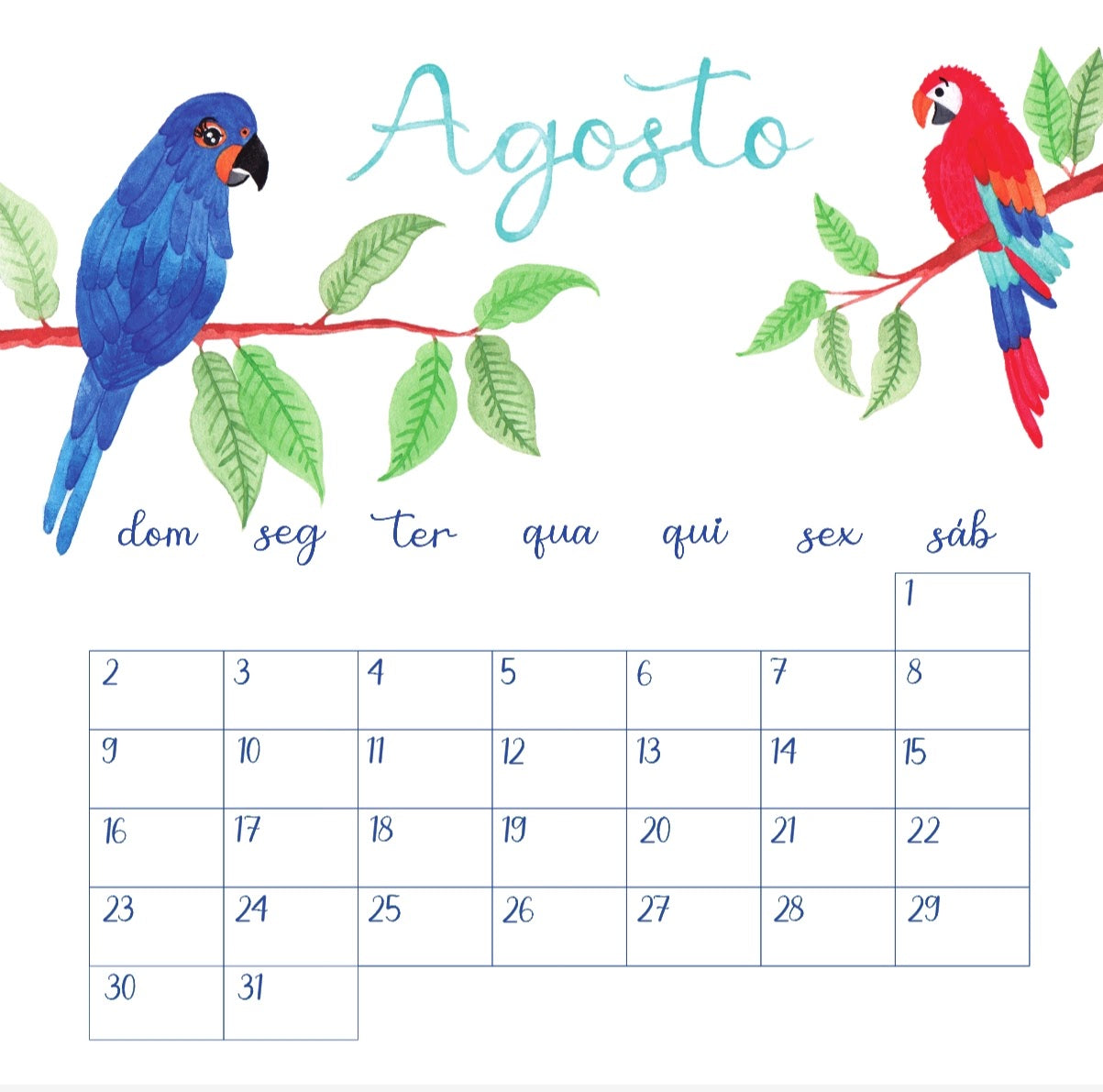 Calendário Pássaro Azul 2026