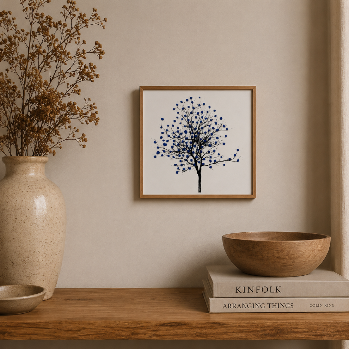 Quadro Árvore Bordado de Flores Azul