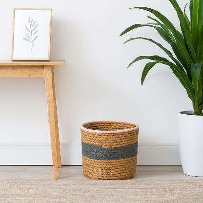 Cesto Fibra Natural com Detalhe Cinza P